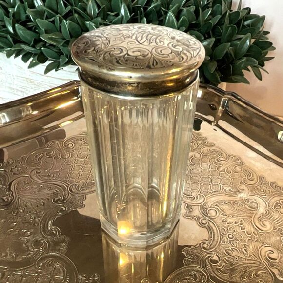 Gorgeous antique sterling silver topped vanity jar monogrammed KMM must see